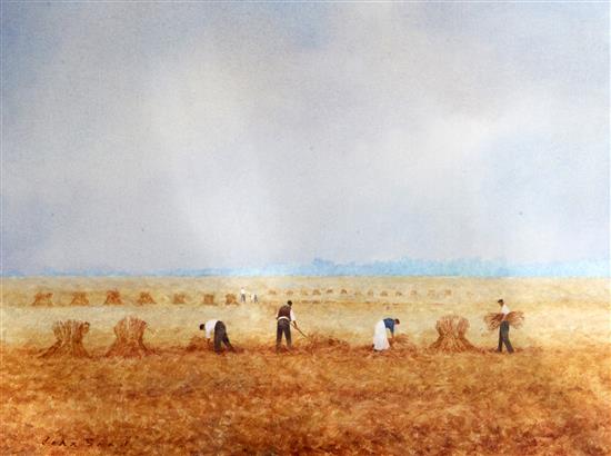 John Bond (b.1945) Harvesters at work, 14.5 x 20in.